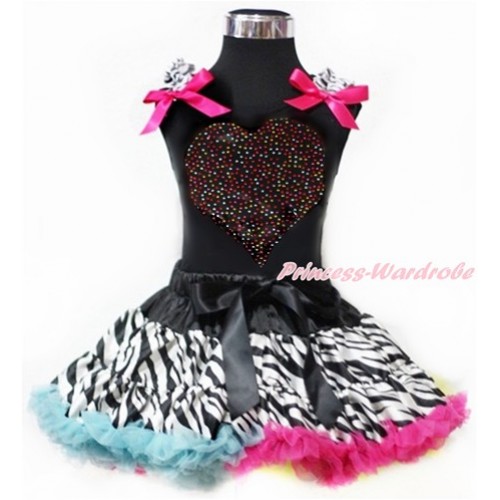 Valentine's Day Black Tank Top with Zebra Ruffles & Hot Pink Bows with Sparkle Crystal Bling Rhinestone Rainbow Heart Print With Rainbow Zebra Pettiskirt MG966 
