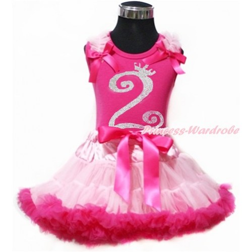 Hot Pink Tank Top with Light Pink Ruffles & Hot Pink Bow with 2nd Sparkle Crystal Bling Rhinestone Birthday Number Print & Light Hot Pink Pettiskirt MH153 