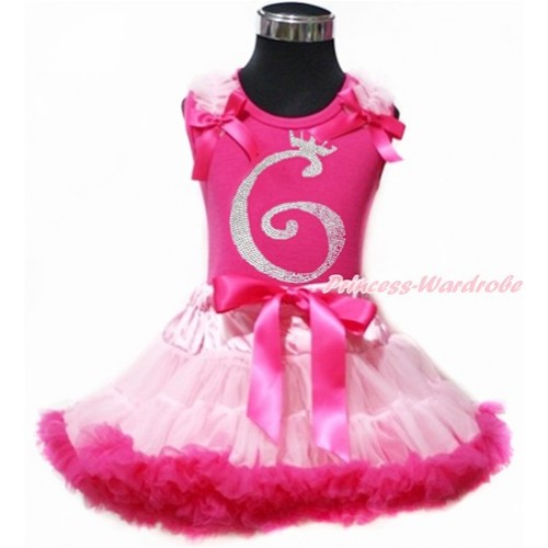 Hot Pink Tank Top with Light Pink Ruffles & Hot Pink Bow with 6th Sparkle Crystal Bling Rhinestone Birthday Number Print & Light Hot Pink Pettiskirt MH157 
