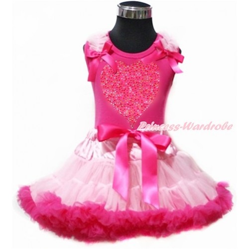 Valentine's Day Hot Pink Tank Top with Light Pink Ruffles & Hot Pink Bow with Sparkle Crystal Bling Rhinestone Rainbow Heart Print & Light Hot Pink Pettiskirt MH159 