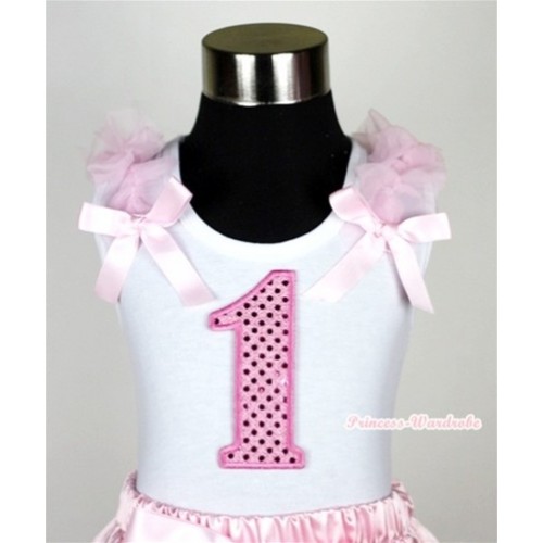 White Tank Top with 1st Sparkle Light Pink Birthday Number Print with Light Pink Ribbon and ruffles TB233 