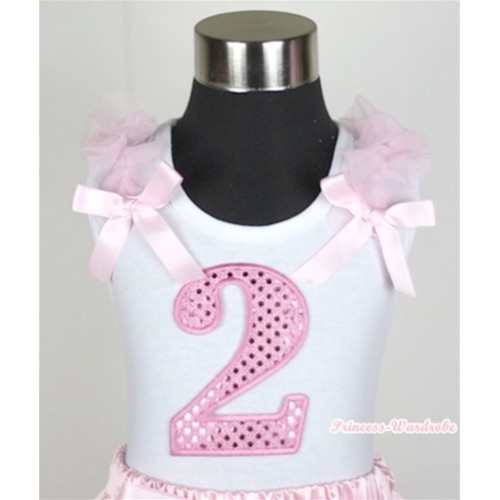 White Tank Top with 2nd Sparkle Light Pink Birthday Number Print with Light Pink Ribbon and ruffles TB234 