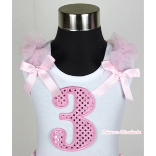 White Tank Top with 3rd Sparkle Light Pink Birthday Number Print with Light Pink Ribbon and ruffles TB235 