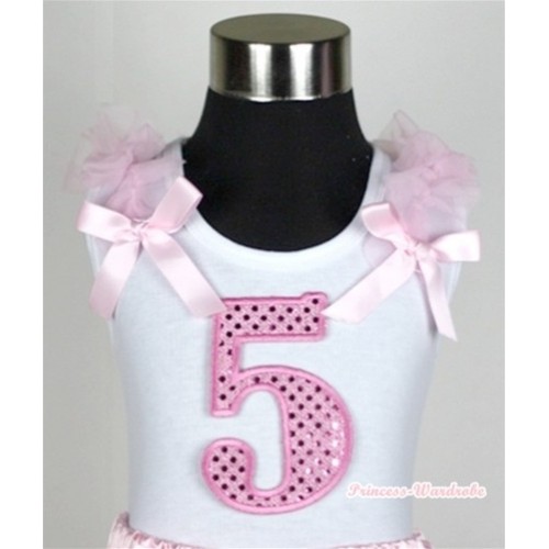 White Tank Top with 5th Sparkle Light Pink Birthday Number Print with Light Pink Ribbon and ruffles TB237 