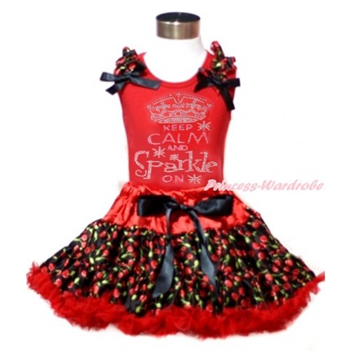 Red Tank Top with Black Cherry Ruffles & Black Bows & Sparkle Crystal Bling Rhinestone Keep Calm And Sparkle On Print with Hot Red Black Cherry Pettiskirt CM179 