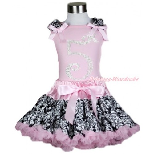Light Pink Tank Top with Damask Ruffles & Light Pink Bow with 5th Sparkle Crystal Bling Rhinestone Birthday Number Print With Light Pink Damask Pettiskirt M548 