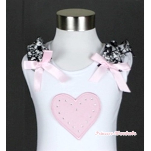 White Tank Top With Light Pink Heart Print With Damask Ruffles& Light Pink Bows TB242 