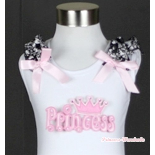 White Tank Top With Princess Print With Damask Ruffles& Light Pink Bows TB243 