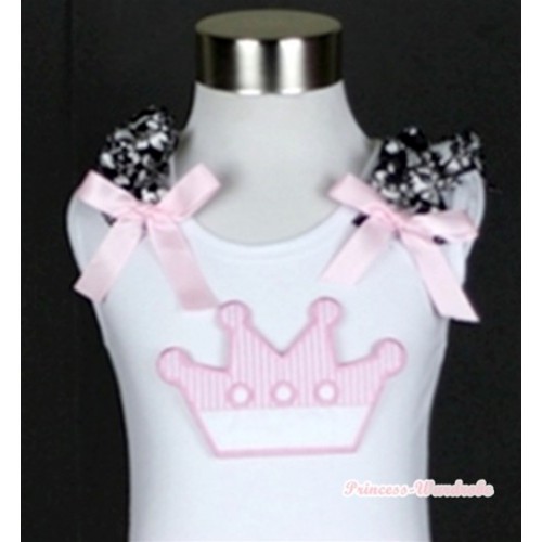 White Tank Top With Crown Print With Damask Ruffles& Light Pink Bows TB244 