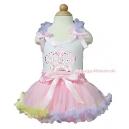 White Baby Pettitop with Lavender Ruffles & Light Pink Bows with Sparkle Crystal Bling Rhinestone Crown Print with Light Pink Rainbow Newborn Pettiskirt NN109 
