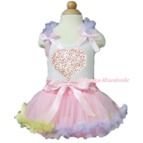 Valentine's Day White Baby Pettitop with Lavender Ruffles & Light Pink Bows with Sparkle Crystal Bling Rhinestone Rainbow Heart Print with Light Pink Rainbow Newborn Pettiskirt NN110 