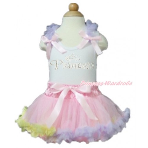 White Baby Pettitop with Lavender Ruffles & Light Pink Bows with Sparkle Crystal Bling Rhinestone Princess Print with Light Pink Rainbow Newborn Pettiskirt NN111 