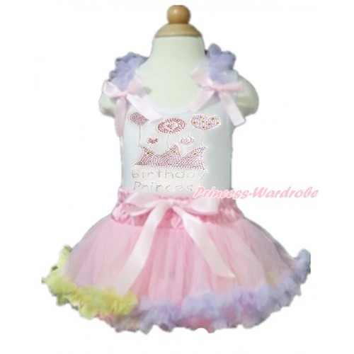 White Baby Pettitop with Lavender Ruffles & Light Pink Bows with Sparkle Crystal Bling Rhinestone Birthday Princess Print with Light Pink Rainbow Newborn Pettiskirt NN112 