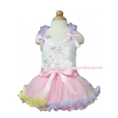 White Baby Pettitop with Lavender Ruffles & Light Pink Bows with Sparkle Crystal Bling Rhinestone Keep Calm And Sparkle On Print with Light Pink Rainbow Newborn Pettiskirt NN113 