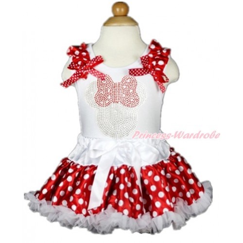 White Baby Pettitop with Minnie Dots Ruffles & Minnie Dots Bows with Sparkle Crystal Bling Rhinestone Red Minnie Print with White Minnie Dots Newborn Pettiskirt NN114 