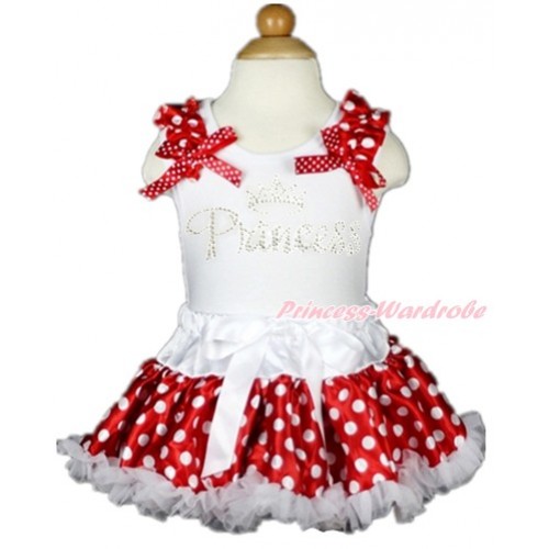 White Baby Pettitop with Minnie Dots Ruffles & Minnie Dots Bows with Sparkle Crystal Bling Rhinestone Princess Print with White Minnie Dots Newborn Pettiskirt NN115 