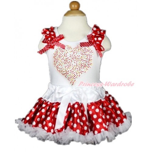 Valentine's Day White Baby Pettitop with Minnie Dots Ruffles & Minnie Dots Bows with Sparkle Crystal Bling Rhinestone Rainbow Heart Print with White Minnie Dots Newborn Pettiskirt NN116 