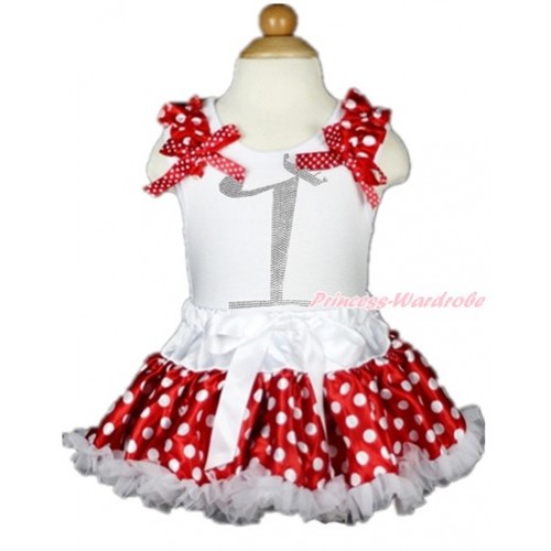White Baby Pettitop with Minnie Dots Ruffles & Minnie Dots Bows with 1st Sparkle Crystal Bling Rhinestone Birthday Number Print with White Minnie Dots Newborn Pettiskirt NN117 