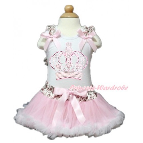 White Baby Pettitop with Light Pink Leopard Ruffles & Light Pink Bows with Sparkle Crystal Bling Rhinestone Crown Print with Light Pink Leopard Waist Light Pink White Newborn Pettiskirt NN119 