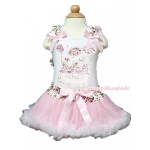 White Baby Pettitop with Light Pink Leopard Ruffles & Light Pink Bows with Sparkle Crystal Bling Rhinestone Birthday Princess Print with Light Pink Leopard Waist Light Pink White Newborn Pettiskirt NN120 