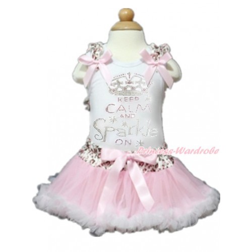 White Baby Pettitop with Light Pink Leopard Ruffles & Light Pink Bows with Sparkle Crystal Bling Rhinestone Keep Calm And Sparkle On Print with Light Pink Leopard Waist Light Pink White Newborn Pettiskirt NN121 