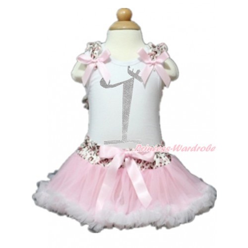 White Baby Pettitop with Light Pink Leopard Ruffles & Light Pink Bows with 1st Sparkle Crystal Bling Rhinestone Birthday Number Print with Light Pink Leopard Waist Light Pink White Newborn Pettiskirt NN122 