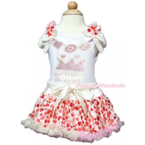 Valentine's Day White Baby Pettitop with Cream White Heart Ruffles & Cream White Bows with Sparkle Crystal Bling Rhinestone Birthday Princess Print with Cream White Heart Newborn Pettiskirt NN125 