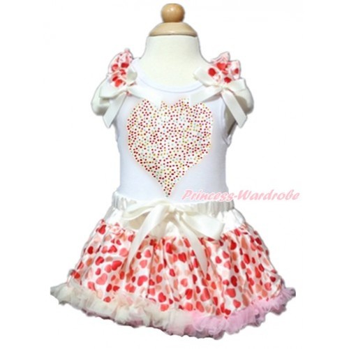 Valentine's Day White Baby Pettitop with Cream White Heart Ruffles & Cream White Bows with Sparkle Crystal Bling Rhinestone Rainbow Heart Print with Cream White Heart Newborn Pettiskirt NN126 