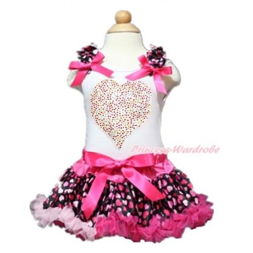 Valentine's Day White Baby Pettitop with Hot Light Pink Heart Ruffles & Hot Pink Bows with Sparkle Crystal Bling Rhinestone Rainbow Heart Print with Hot Light Pink Heart Newborn Pettiskirt NN130 