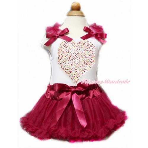 Valentine's Day White Baby Pettitop with Raspberry Wine Red Ruffles & Raspberry Wine Red Bows with Sparkle Crystal Bling Rhinestone Rainbow Heart Print with Raspberry Wine Red Newborn Pettiskirt NN134 