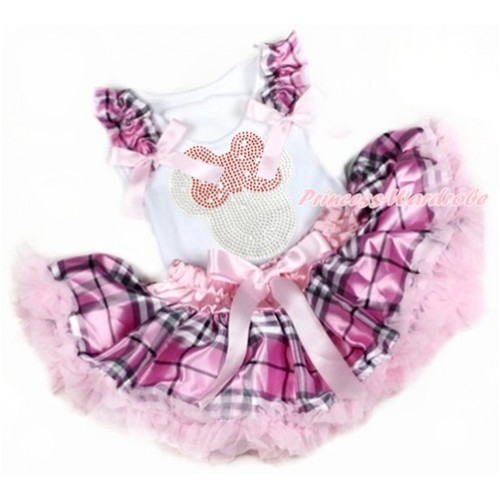 White Baby Pettitop with Light Pink Checked Ruffles & Light Pink Bows with Sparkle Crystal Bling Rhinestone Red Minnie Print with Light Pink Checked Newborn Pettiskirt NN137 