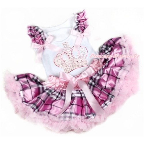 White Baby Pettitop with Light Pink Checked Ruffles & Light Pink Bows with Sparkle Crystal Bling Rhinestone Crown Print with Light Pink Checked Newborn Pettiskirt NN139 