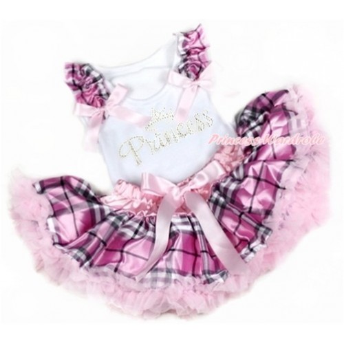 White Baby Pettitop with Light Pink Checked Ruffles & Light Pink Bows with Sparkle Crystal Bling Rhinestone Princess Print with Light Pink Checked Newborn Pettiskirt NN140 