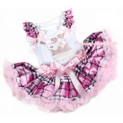 White Baby Pettitop with Light Pink Checked Ruffles & Light Pink Bows with Sparkle Crystal Bling Rhinestone Birthday Princess Print with Light Pink Checked Newborn Pettiskirt NN141 