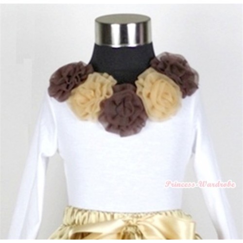 White Long Sleeves Tops with Dark Brown Light Brown Rosettes T254 