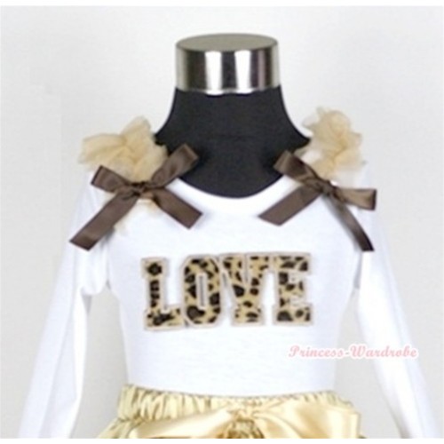 White Long Sleeves Top with Leopard Love Print With Light Brown Ruffles & Dark Brown Bow T261 