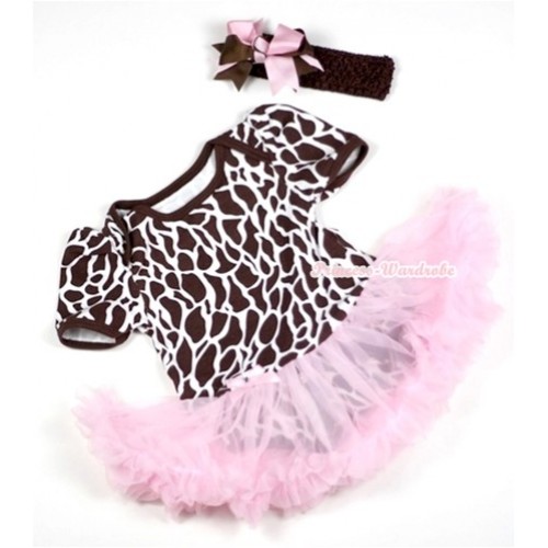 Giraffe Baby Jumpsuit Light Pink Pettiskirt With Brown Headband Brown Light Pink Ribbon Bow JS148 