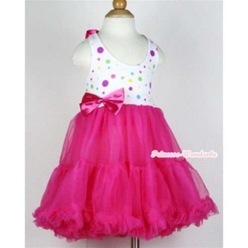 Hot Pink White Rainbow Polka Dots with ONE-PIECE Petti Dress with Hot Pink Satin Bow LP19 