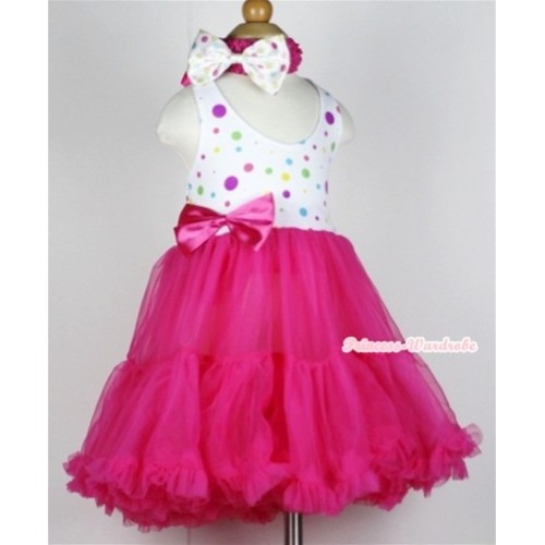 Hot Pink White Rainbow Polka Dots with ONE-PIECE Petti Dress with Hot Pink Satin Bow with Hot Pink Headband White Rainbow Dots Satin Bow LP20 