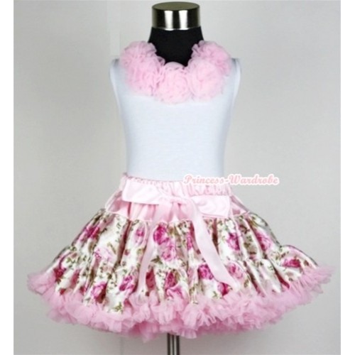 White Tank Tops with Light Pink Rosettes & Light Pink Rose Fusion Pettiskirt  MG314 