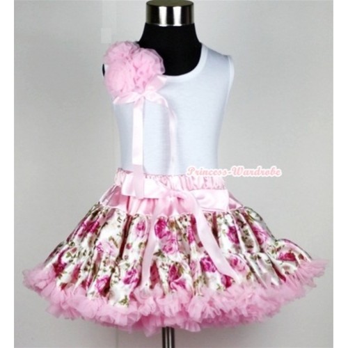 White Tank Top With a Bunch of Light Pink Rosettes& Light Pink Bow With Light Pink Rose Fusion Pettiskirt MG322 