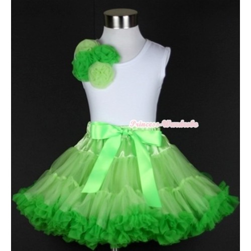 White Tank Top With a Bunch of Light Green Dark Green Rosettes With Light Dark Green Pettiskirt MG323 