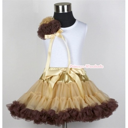 White Tank Top With a Bunch of One Light Brown Two Dark Brown Rosettes& Goldenrod Bow With Light Dark Brown Pettiskirt MG324 