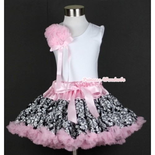 White Tank Top With a Bunch of Light Pink Rosettes& Light Pink Bow With Light Pink Damask Pettiskirt MG325 