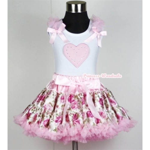 White Tank Top with Light Pink Heart Print with Light Pink Ruffles &Light Pink Bow With Light Pink Rose Fusion Pettiskirt MG326 