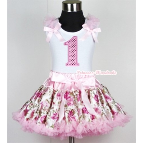 White Tank Top with 1st Sparkle Light Pink Birthday Number Print with Light Pink Ruffles &Light Pink Bow With Light Pink Rose Fusion Pettiskirt MG328 