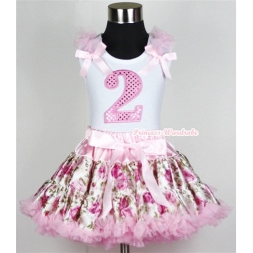 White Tank Top with 2nd Sparkle Light Pink Birthday Number Print with Light Pink Ruffles &Light Pink Bow With Light Pink Rose Fusion Pettiskirt MG329 