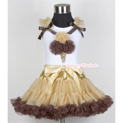 White Tank Top with Light Brown Dark Brown Leopard Ice Cream Print with Light Brown Ruffles & Dark Brown Bow& Light Dark Brown Pettiskirt MG337 