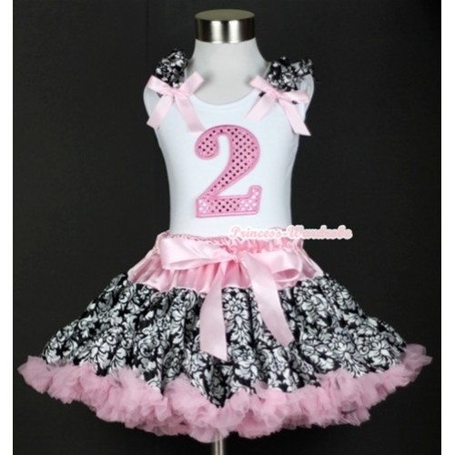 White Tank Top with 2nd Sparkle Light Pink Birthday Number Print with Damask Ruffles & Light Pink Bow& Light Pink Damask Pettiskirt MG342 