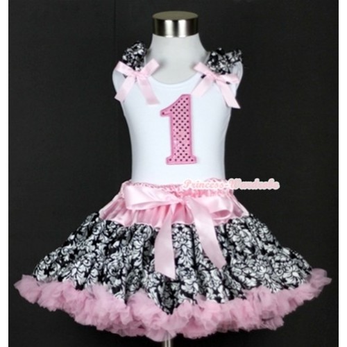 White Tank Top with 1st Sparkle Light Pink Birthday Number Print with Damask Ruffles & Light Pink Bow& Light Pink Damask Pettiskirt MG341 